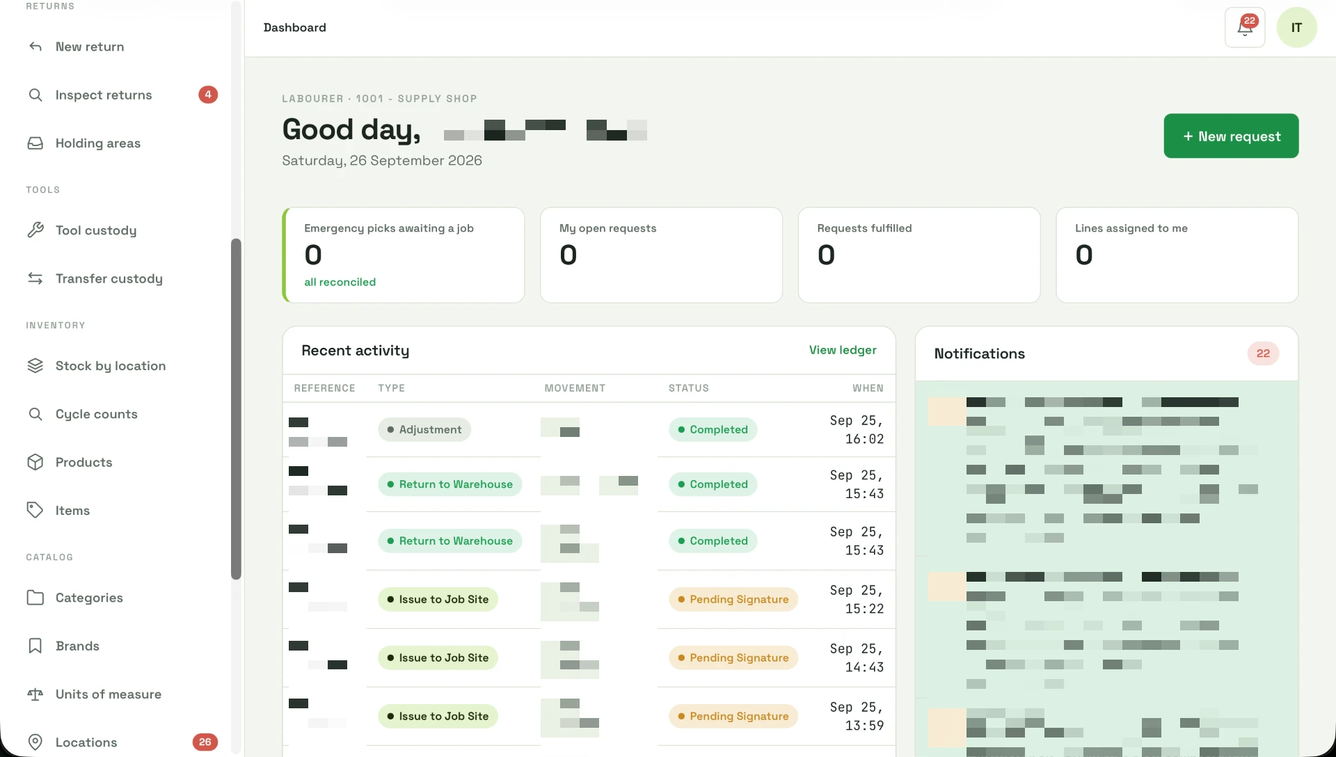 Inventory dashboard — recent activity and notifications (details redacted)